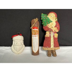 Hand-Painted Wood & Ceramic Santa Ornaments 3 Pieces