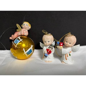 Porcelain Angel Christmas Ornaments Set with Gold Ball, 3 Pieces
