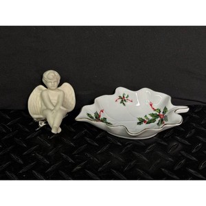 Dept 56 White Porcelain Angel Clip-On Ornament and Dish Set