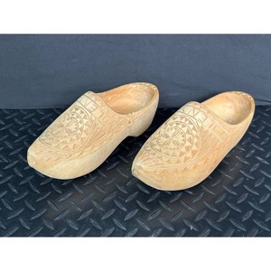 Carved Wood Clogs Pair with Geometric Floral Pattern
