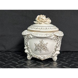 White Ceramic Floral Lidded Jar with Rose Finial