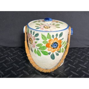 White Ceramic Floral Ice Bucket with Bamboo Handle and Lid