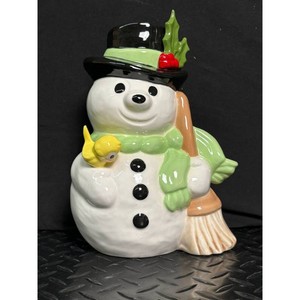 Ceramic Snowman Cookie Jar with Bird and Broom
