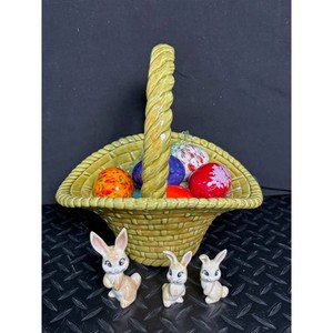 Yellow Ceramic Rabbit Figurine Set with Basket and Eggs
