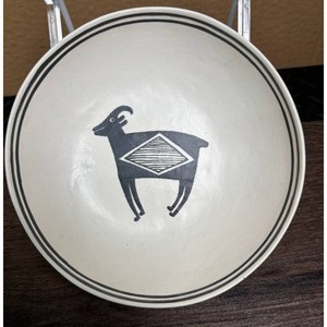 White Ceramic Bowl with Ram Motif Decoration - Decorative Serving Dish