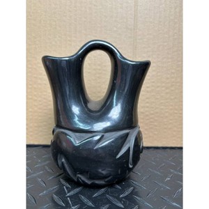 Blackware Pottery Double Spout Pitcher Vase - Southwest Carved Ceramic
