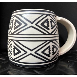 White Ceramic Mug with Black Geometric Pattern � Handled Coffee Cup