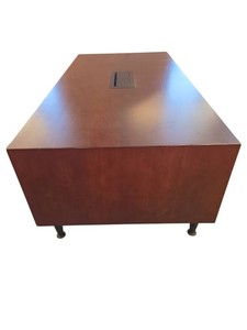 Mahogany laminate rectangular low coffee table with built-in electrical grommet