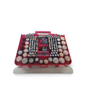 Ontel Battery Daddy, a red plastic storage case designed to organize up to 180 batteries.