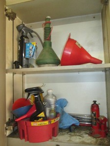 2-ton bottle jack, misc funnels, ac recharge kit empty unit, misc cleaners and more