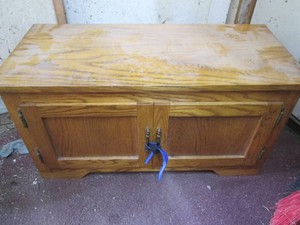 Wood Storage trunk with cupboard door style opening approx 31x14x16in