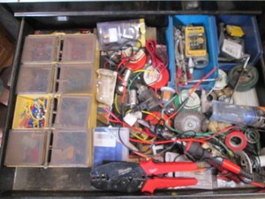 Content of toolbox drawer to include a Milwaukee wire crimper, Soldering supplies, electrical supplies and more