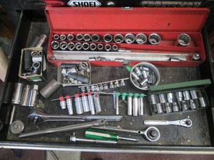 Content of toolbox drawer to include mostly Craftsman ratchets, deep and shallow sockets, extensions and more 14, 38 and 12in