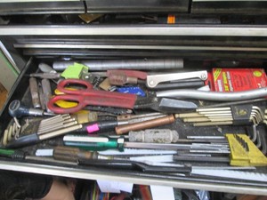 Content of toolbox drawer to include Tin snips, hex keys, screwdrivers and more