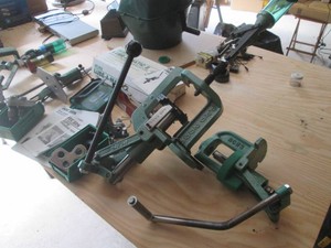 RCBS aps priming tool, Pro 2000 auto index progressive reloading press, Lube-a-matic 2 bullet sizerlubricatir and additional supplies and accessories shown