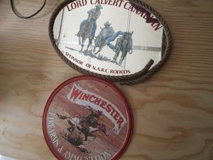 NARC Rodeo mirror and Winchester firearms and ammunition tin sign