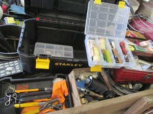 Plastic Stanley toolbox and small metal toolbox containing leather working tools and supplies