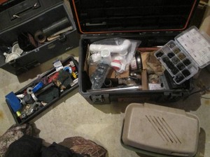 Ridgid and Plano boxes full of plumbing tools, supplies and accessories
