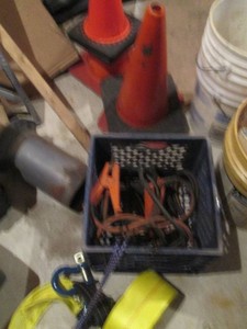 Heavy duty tow strap, jumper cables, safety cones and more