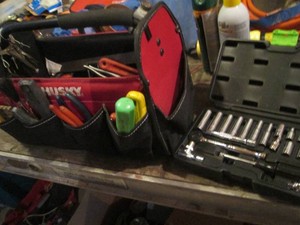 Husky top handle tool bag with socket set and misc tools