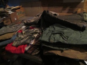 Mens insulated jackets, suit coats, sweatshirts, long sleeve button downs, cargo pants and other clothing