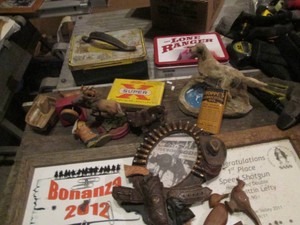Lone Ranger and Roy Rogers metal lunchboxes, framed marksmanship awards and misc home decor