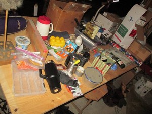 All content on tabletop to include misc brewania glassware, Household cleaners, office supplies, kitchen misc and more