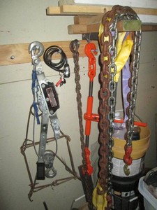 Come-a-long, chain binder and misc size chains