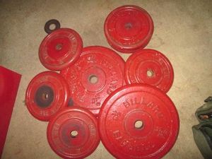 Various assorted size metal barbell weights