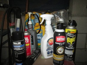 Assortment of marine oil, insect control chemicals and misc automotive lubricants