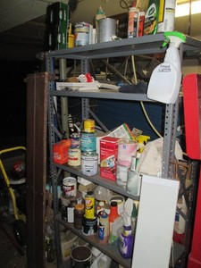 5-tier metal storage shelf plus content including household paints, chemicals, cleaning supplies, automotive misc and more