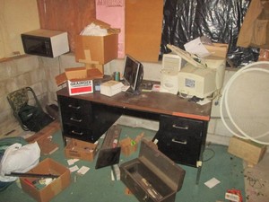 Metal office desk, vintage computer components, metal toolbox, camping supplies and more
