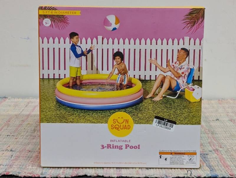 10.63 x 4.13 x 15 3 Ring Pool 105 gal Round Kiddie Pool - YellowPinkNavy - Sun Squad PVC Inflatable for Kids