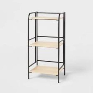 Folding 3 Shelf Narrow Black Metal with Natural Wood Shelves - Brightroom Foldable Utility Storage Shelving Unit
