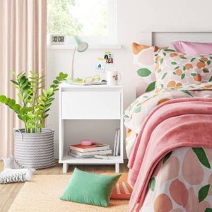 Modern Dorm Nightstand White - Room Essentials Open Shelf, Storage Drawer, Laminated Finish, Particle Board, Rectangle Shape