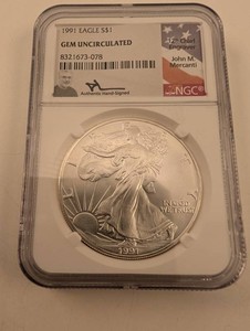 1991 American Silver Eagle NGC Gem Uncirculated John Mercanti Signed