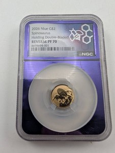 Niue 2026 Spinosaurus Holding Double-Bladed Axe NGC Reverse PF 70 2g 22KT Gold