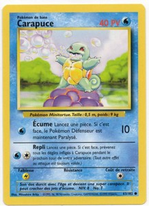 1999 Carapuce 63102 Base Set French Pokmon Card in Nice Condition.