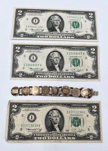 Antique Sterling Silver Linked Canadian Coin Bracelet with Three 1976 Series I $2 Federal Reserve Notes