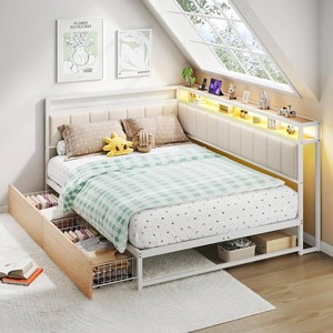 $160 Welzona Corner Bed Frame with Storage, White
