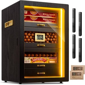 $150 Cigar Humidor, Desktop Humidor Cabinet Triple-Sided Light with Digital Hygrometer, Humidifier and Humidity Packs. 4 Cedar Wood Drawers, Cigar Humidor Box can Hold 200 Cigars,Present for Men