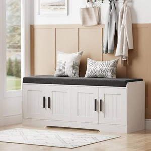 Homleke Shoe Storage Bench, 4 Doors & Thickened Padded Seat Cushion  2-Tier Shoe Bench, Entryway Bench, Adjustable Shelf, 13.8 D x 45.3 W x 18.5 H, for Living Room, Bedroom, White