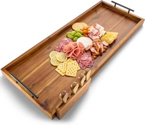 TIDITA Acacia 30 Inch Large Charcuterie Boards for Party with Cheese Knife Set of 4   Acacia Wood Serving Tray with Handles, Long Charcuterie Board, Wooden Cheese Board