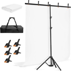 EMART 5  6.5ft White Photo Backdrop Stand Kit with T-Shape Stand  Portable lightweight T-shaped metal stand for easy setup suitable for portrait photography, live streaming, content recording