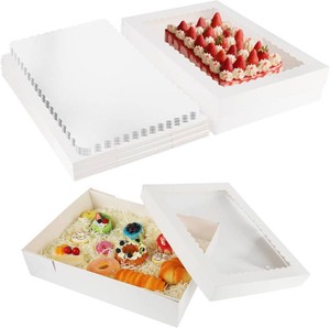 10 Sets 19x14x4 Inch Rectangle Cake Boxes with Boards  White Large Bakery Boxes with Window for Quarter Sheet Cakes Donuts Cupcakes Pie Package Esay Assemble and Recycable