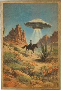 EELWDBH Framed Cowboy Wall Art, Vintage Western Canvas Wall Art with UFO Sci-Fi Theme, Desert Art Landscape Poster with Dark Wooden Frame, Retro Western Wall Decor for Living Room & Bedroom, 16x24 Inch