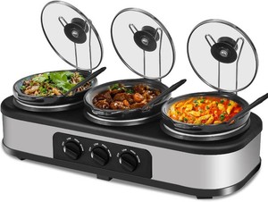 Triple Slow Cooker, 3 1.5 QT Buffet Servers and Warmers, 3 Pots Buffet Slow Cooker Adjustable Temp Lid Rests Stainless Steel Manual Silver for Parties Holidays Families