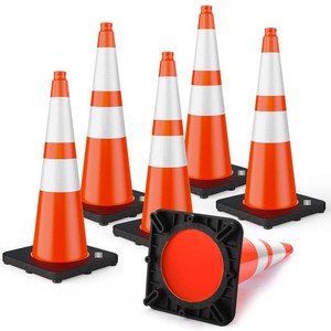 BATTIFE 28 inch Traffic Safety Cones Orange with Weighted Base 6 Pack  Heavy duty design, reflective collars, flexible PVC, easy storage, ideal for parking lots, construction & traffic control
