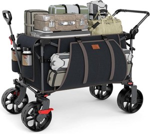 $125 EVER ADVANCED Folding Push Wagon with Brakes, Portable Shopping Cart, Collapsible Wagon Cart with All-Terrain Big Wheels for Camping, Beach, Sports