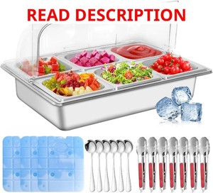 Ice Food Serving Display Tray with 6 Pan, Stainless Steel Salad Bar Buffet Station for Home, Pizza Topping Station, Ice Tray for Food Buffet, Cold Food Buffet Server for Party Home Hotel Kitchen